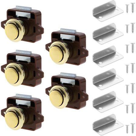 5-pakning trykknapplåser, skufflåser til skap, nøkkelfrie dørlåsknotter for campingvogn, bobil, varebil, båt, brun og gull