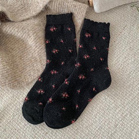Sort; Størrelse: One Size - Tykke retro uldsokker til kvinder, koreansk stil, afslappet blomstermønster, bløde og varme lange sokker til efterår og 