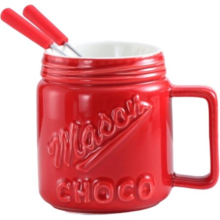 Keramisk sjokoladefonduesett - Varmebestandig smeltegryte med 2 gafler, gjenbrukbar dessertskål for romantiske kvelder og fester (rød)