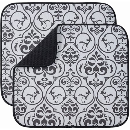 Imuvatti Mikrokuitu Kuivausmatto Keittiöön, Lautasille, Kupille ja Lasille, 40 x 46 cm, Musta Lehtikuvio