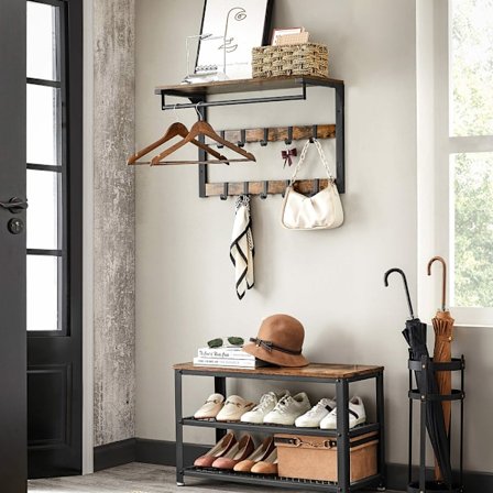 Væghængt tøjstativ med hylde, kroge og tøjstang - Rustik brun/S