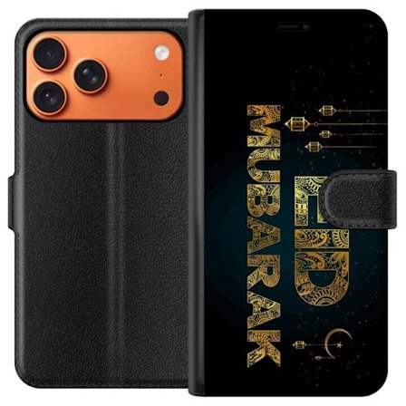 Kompatibelt Lommeboketui til Apple Apple iPhone 17 Pro Max Gyldent Ramadan-motiv med dekorativ typografi, lykter, halvmåne og stjerner på en mørk b