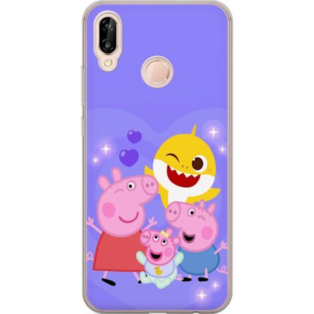 Yhteensopiva Puhelinkuori Huawei P20 lite Peppa Possu -kuviot sydämillä, perhosilla ja ystävillä, vaaleanpunainen tausta pehmeissä lasten kuvituk