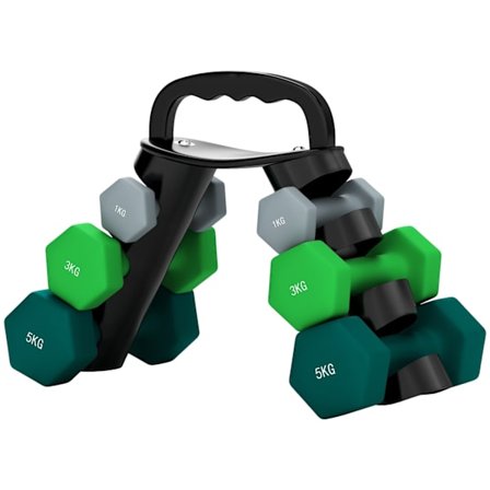 Hantelset 6 hantlar med hopfällbart hantelställ, 2 x 1 kg, 2 x 3 kg, 2 x 5 kg hantlar, kettlebell för fitness, gymnastik, hem