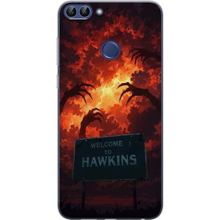 Kompatibelt Mobildeksel til Huawei P smart Mørk apokalyptisk fantasi-scene med brennende himmel og Hawkins-skilt i Stranger Things-stil