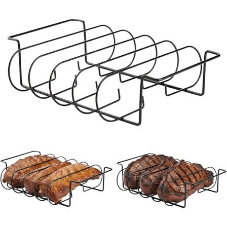 Røgeovn & BBQ Ribbenstativ - Vertikalt grillstativ i rustfrit stål, non-stick for jævn tilberedning, holder 4 fulde stativer, passer til de fleste 