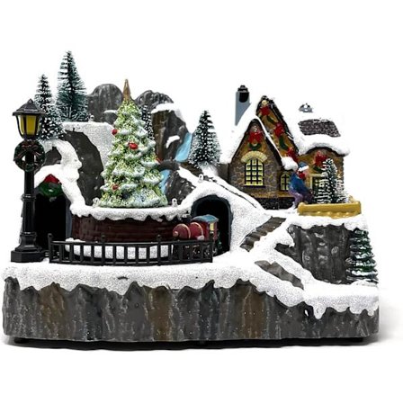 Julelandsby-sæt med tog i kunstharpiks med LED-lys til træ [JUN]