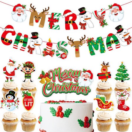 Juldekorationsset - God Jul-Banner, Tårtdekoration Cupcake Toppers