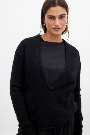 Camille Charriere x NA-KD Knitted Deep V-neck Wool Blend Sweater - Premium kvalitet - Sort - M