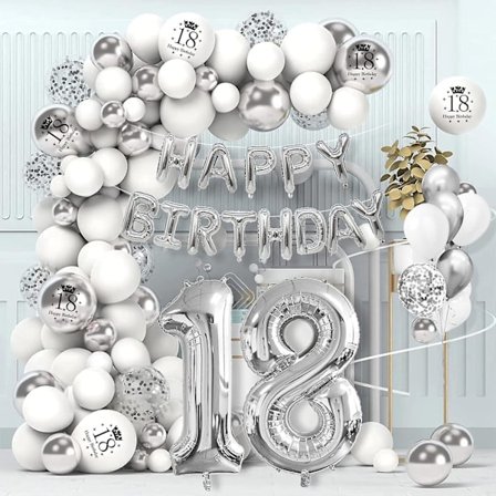 18-års födelsedagsdekoration - Silverballonger och Happy Birthday-girlang