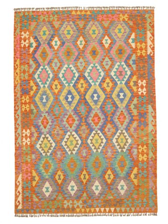 Hand Woven Kilim Afghan Old Style Rug 207X296 Wool Brown/Green