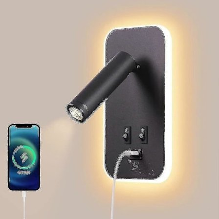 LED Vegglampe, sengelampe leselampe med bryter, USB-ladeport, soverom dimbar justerbar fokus (3W 3000K + 9W 6000K) Svart