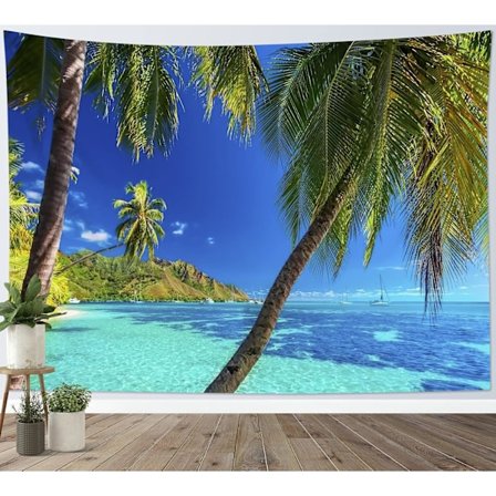 150x130cm Grønt Palmetræ Vægophæng Blåt Hav Vægophæng Tropisk Ølandskab Vægtæpper Væg D
