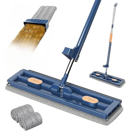 Stor Platt Moppset, 360° Swivel Mopp med Urvridningsfunktion, Golvmoppset Platt Mopp med Återanvändbara Mikrofibermoppdynor (blå - Med 2 Moppdynor)