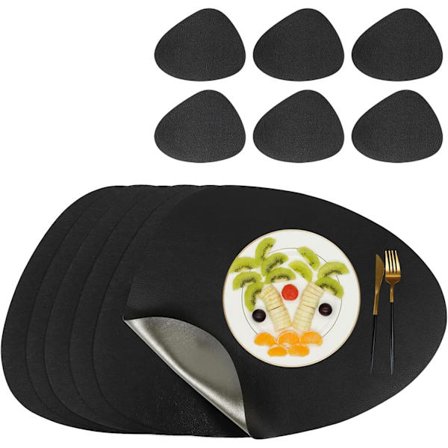 Sorte PU læder dækkeservietter og coastersæt med 6, bordmåtte skridsikker aftørrelig vandtæt til køkken spisebord restaurant fest (sort)