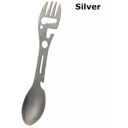 Rustfrit stål ske og gaffel 10-i-1 multiværktøj med kniv, flaskeåbner og skruetrækker perfekt til picnic, rejser, vandring og fiskeri i sølv