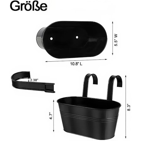 Set med 5 Blomkrukor Hängande Blomlåda Balkongräcke Hängande Kruka Metall Blomkruka Balkongräcke med Avtagbar Krok och Dräneringshål (Svart)