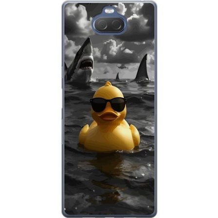 Sony Xperia 10 Plus Gjennomsiktig deksel En kul gul badeand med solbriller flyter rolig i havet mens haier sirkler i dramatiskt vann og mørke skyer s