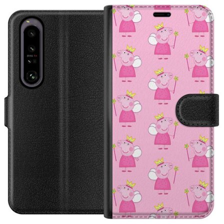 Yhteensopiva Lompakkokotelo Sony Xperia 1 IV Greta Gris ja Peppa Pig dinosauruksella ja eläimillä, leikkisä piirretty lasten kohtaus sinisellä tau