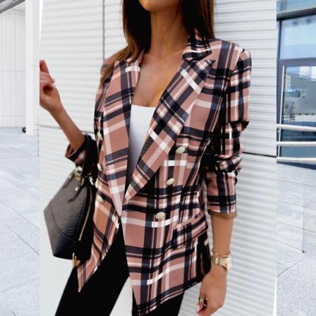 Kvinnor Lapel Collar V-hals Button Down Blazer Check Print Ytterkläder