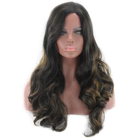 Hårförlängningar Fashian Black Highlights Brun Big Wavy Peruker Sido Bangs Långt lockigt hår (Färg: Black highlight brown)