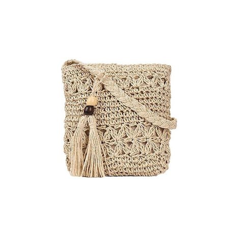Dame Skuldertaske i Strå - Sommer Alsidig Strand Crossbody Taske - Hul Kvast Afslappet Taske - Beige