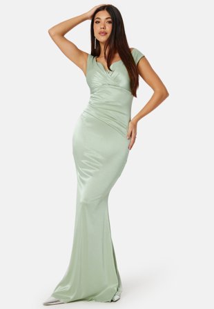 Goddiva Satin Bardot Pleat Maxi Dress Sage Green Vaatteet