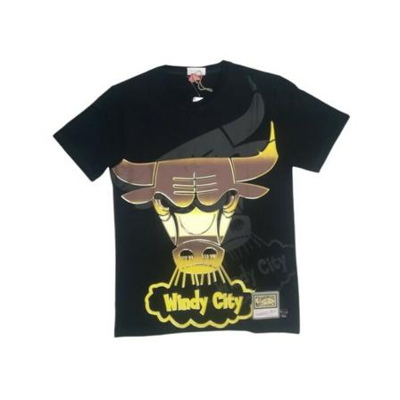 Mitchell & Ness, Camiseta Bulls Face Cotton TEE Zwart, Heren, Maat:L