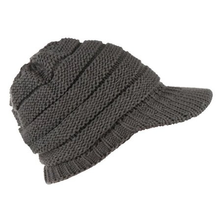 Vinterlue for kvinner, strikket lue med bred brem, varm lue med visir Grå