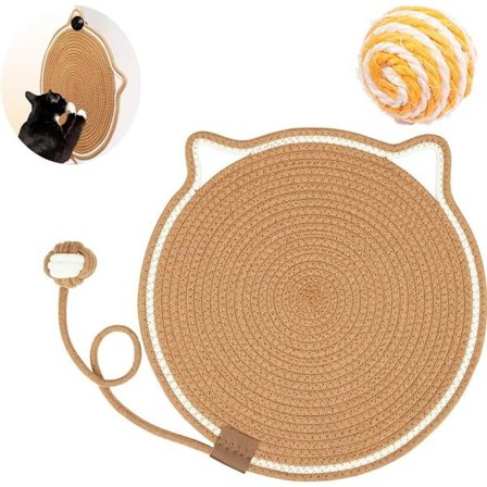 42 cm Katte Skrabemåtte Skraber med Kattebold Legetøj, Bomuldsreb Skrabepude, Øreformet Skrabemåtte med 1 Sisalbold - Brun