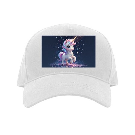 Kasket Sød enhjørning med store øjne, pastelfarvet mane og glitrende smykker i en eventyrlig natmiljø, legesyg fantasyillustration for børn