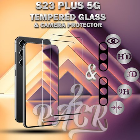 2-Pack Samsung S23 Plus 5G Skärmskydd & 2-Pack linsskydd - Härdat Glas 9H - Super kvalitet 3D