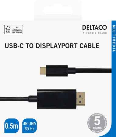 Deltaco USB-C - DisplayPort cable, 4K UHD, gold plated, 0.5m, black