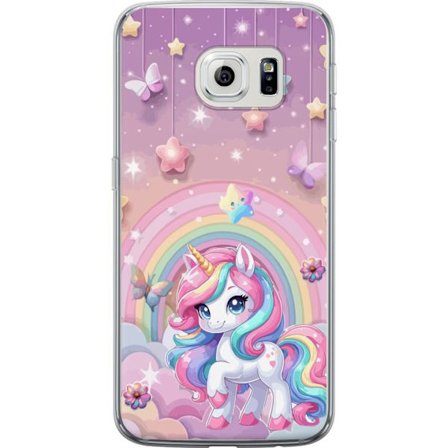 Kompatibel Mobilcover til Samsung Galaxy S6 edge Magisk enhjørning med regnbue manke, stjerner og sommerfugle mod en pastelfarvet himmel med skyer