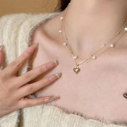 Kaksikerroksinen Pearl Heart Riipus kaulakoru naisille Charm Choke