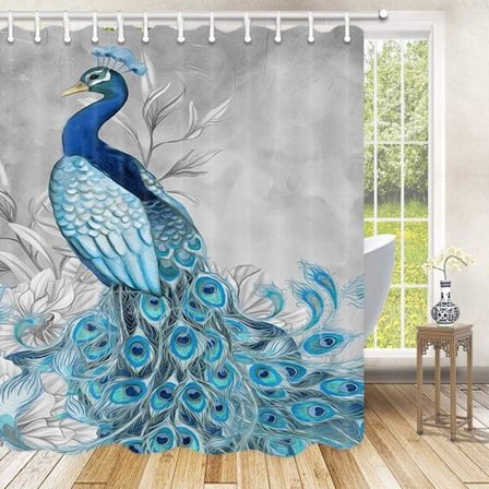 Design badeforhæng, påfugl illustration blomster klassisk kurve kunst design tropisk dyreliv tema, vandtæt stof badeværelse dekorationssæt