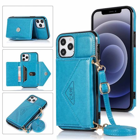 Etui til iPhone16e/SE4 blå trekant crossbody kortholder snor kuvert læderpung
