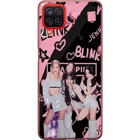 Samsung Galaxy A12 Gjennomsiktig deksel Blackpink Blink design med Lisa Jennie Jisoo og Rose, rosa og svart bakgrunn, fanskiltninger og lightstick, pe