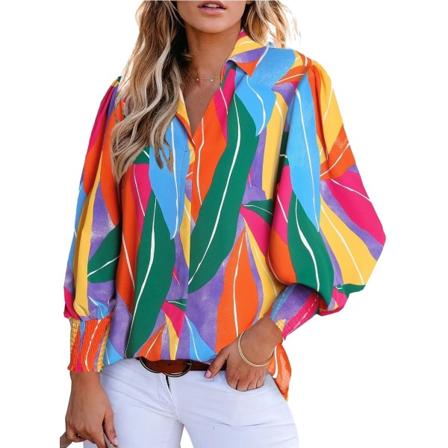Damskjortor Button Down printed lykta Långärmad Casual Toppar Color 1 L