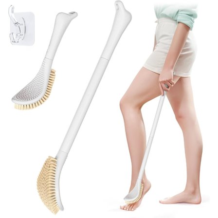 (Vit) Fod børste med justerbart langt håndtag, 3-i-1 fod børste til våd eller tør børstning, 26 cm - 70 cm fod børste til seniorer, gravide, Dis
