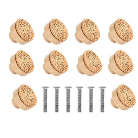 10 st Rattan Köksknoppar Kökshandtag Skåp Lådknoppar, Runda Trä Lådor för Kök Sovrum Byrå Skåp D