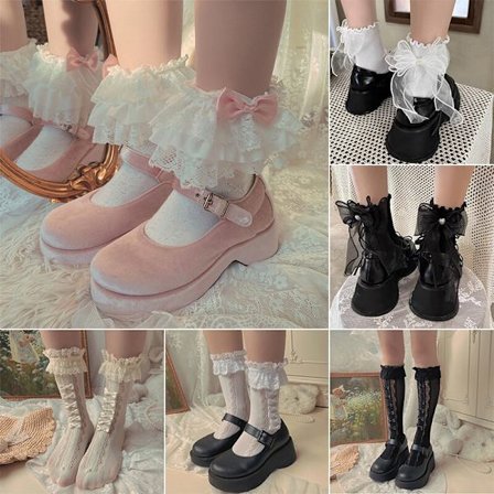 Japanske Lolita Blonder Ruffle Sløyfe Bomullsokker Cosplay Tilbehør Strømper