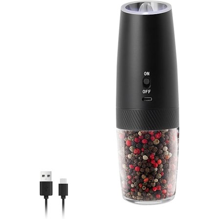 Automatisk Gravitations Salt- og Peberkværn - Genopladelig, Justerbar Grovhed, Enhåndsbetjening (Sort)