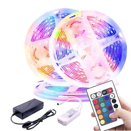 Led-striplys 5m, 5050 Rgb Led-strips med 24-tasters IR-fjernkontroll og strømforsyning, 1 rull med fargeskiftende Led-tape-lys for soverom, hjemmetak