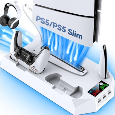 PS5/Slim/Pro-konsolin yleiskäyttöinen jäähdytystelineen tuuletinjalusta, monitoiminen kaksi-yhdessä-kahva, suora pistokelataus kuuloketelineellä