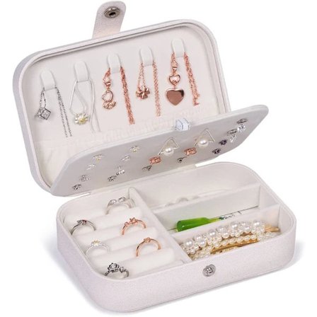 Liten smykkeskrin, bærbar reise-smykkeskrin for kvinner, smykkeorganisator for ringer, øredobber, armbånd og halskjeder, 16,5 x 11,5 x 5,5 cm, hvit