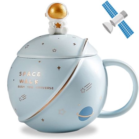 Sød rumkeramik krus, astronaut kaffekop, sjove krus med låg og ske, personlige kopper til kaffe, te og mælk, 400 ml (lyseblå)