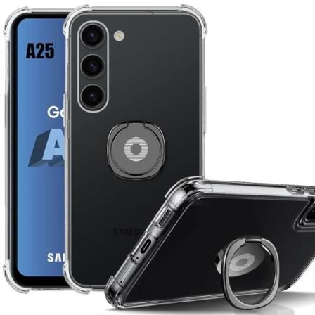 Etui til Samsung Galaxy A25 5G, gennemsigtig silikone stødsikker beskyttelse med sort roterende ring Transparent, svart