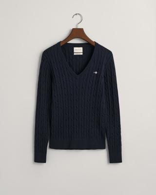 GANT - Kabelstrikket bomullsgenser med stretch og v-hals - Dame - XS