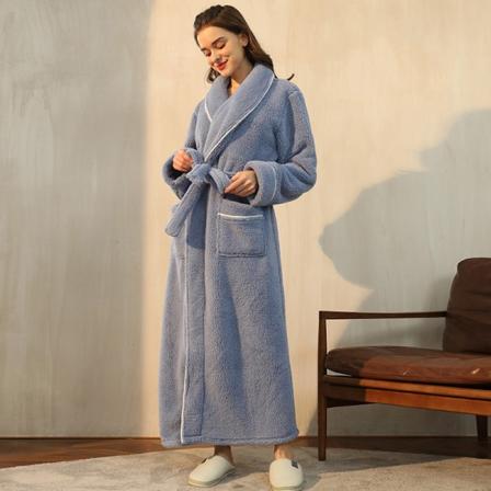 Vinter badekåpe langermet varm fluffy nattkjole fleecekjole blue M